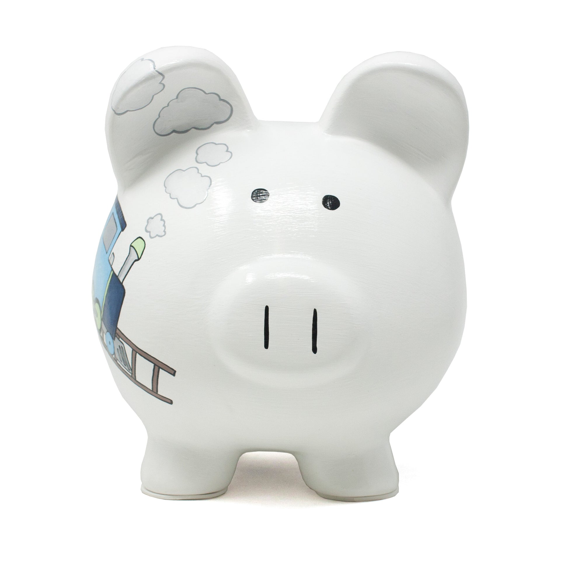 Front view of piggy bank shaped like a pig with simple black eyes and coin slot on top