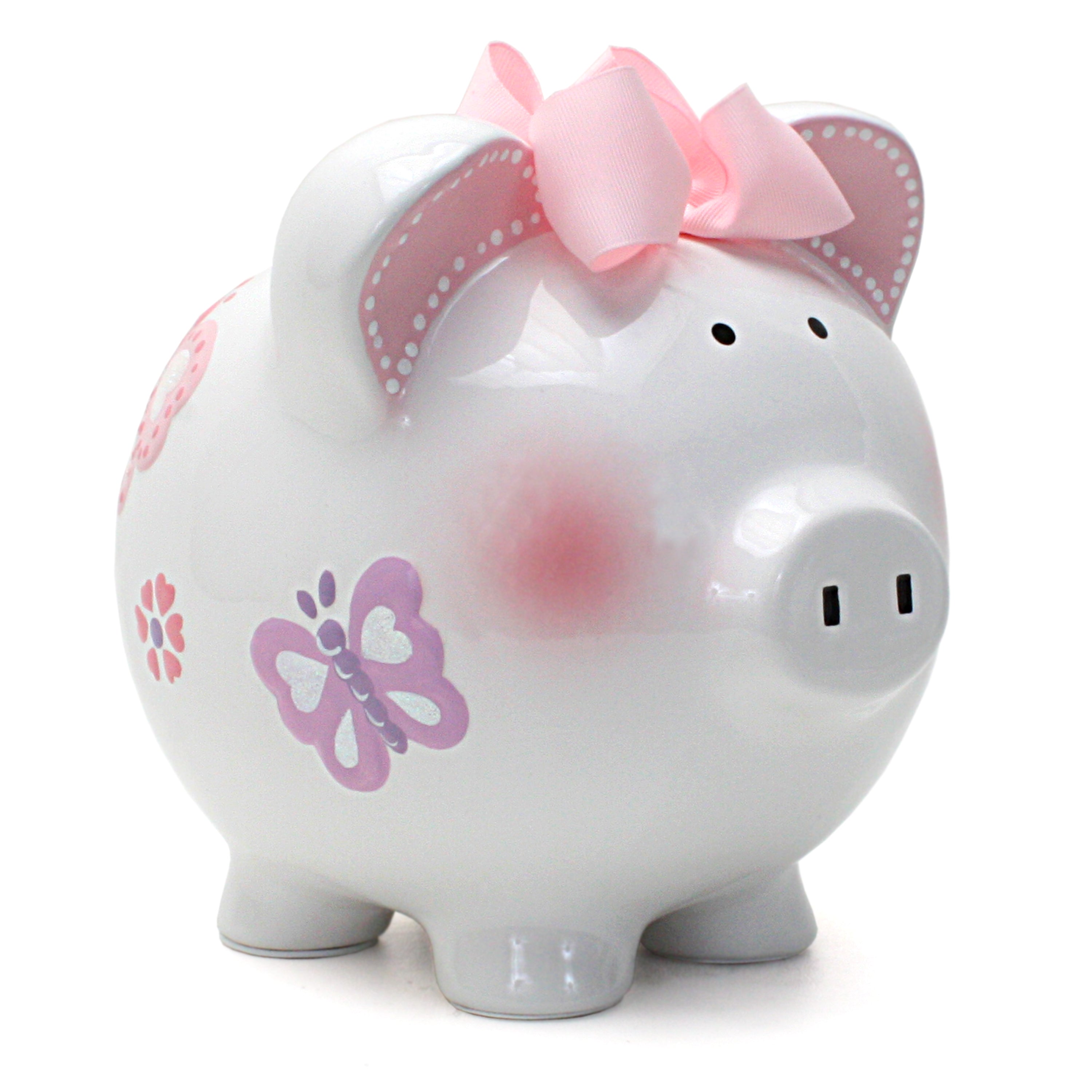 Front diagonal view of white ceramic piggy bank with handpainted butterflies and pink bow