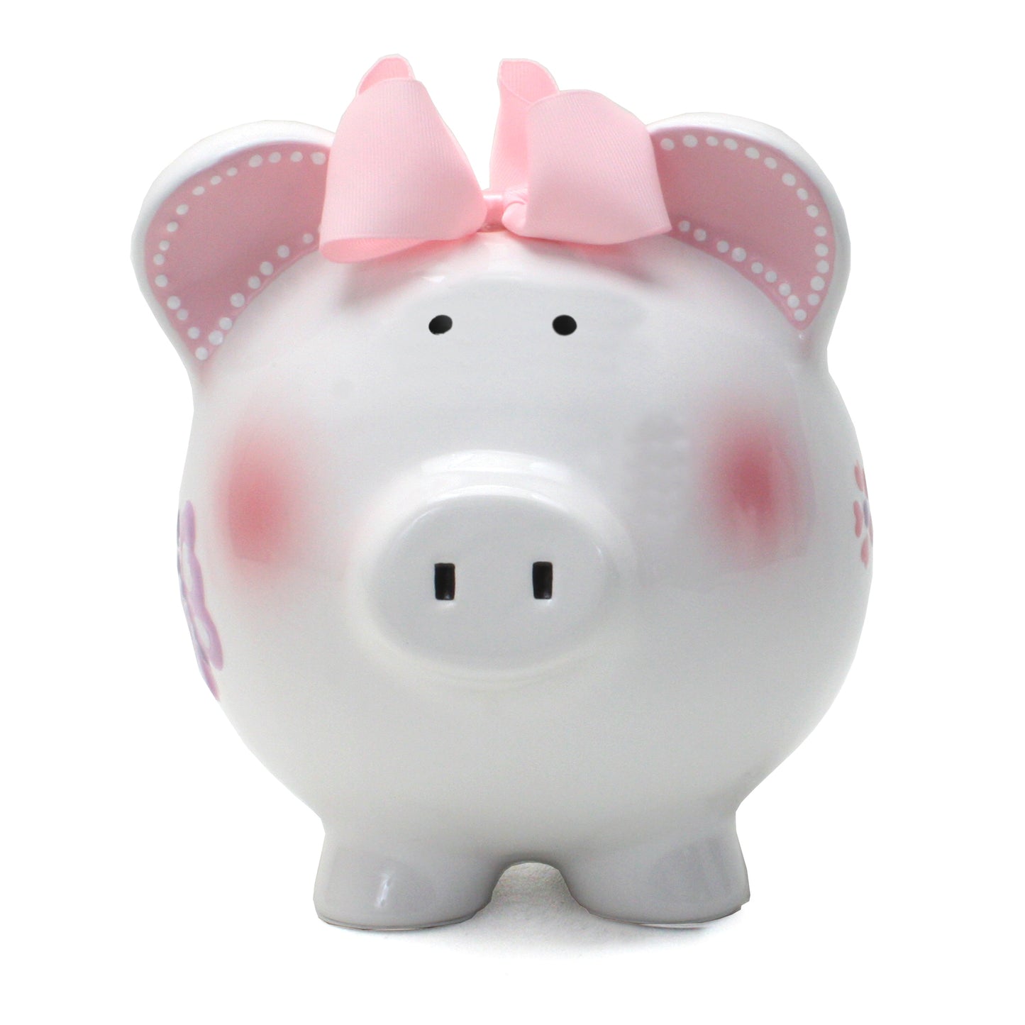 Front view of piggy bank showing rosy cheeks, pink bow, and butterfly motifs