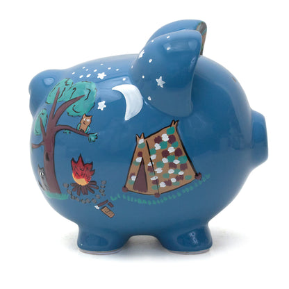 Back side of the piggy bank showing fishing rod and log handpainted design