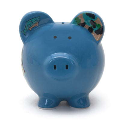 Front view of blue piggy bank with simple black eye dots and camo pattern on one ear