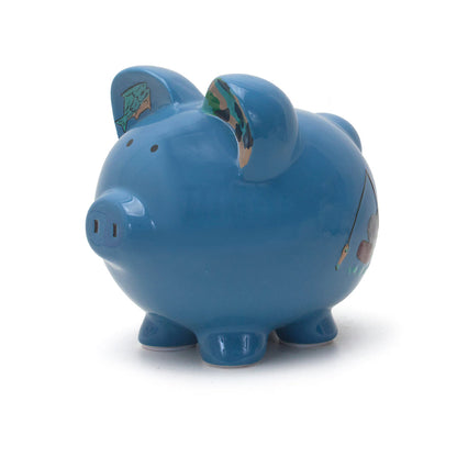 Side view of blue ceramic piggy bank showing fishing rod and fish hand painted on the surface