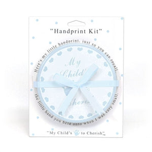 Blue handprint kit with round decorative tin, dotted packaging, and blue ribbon