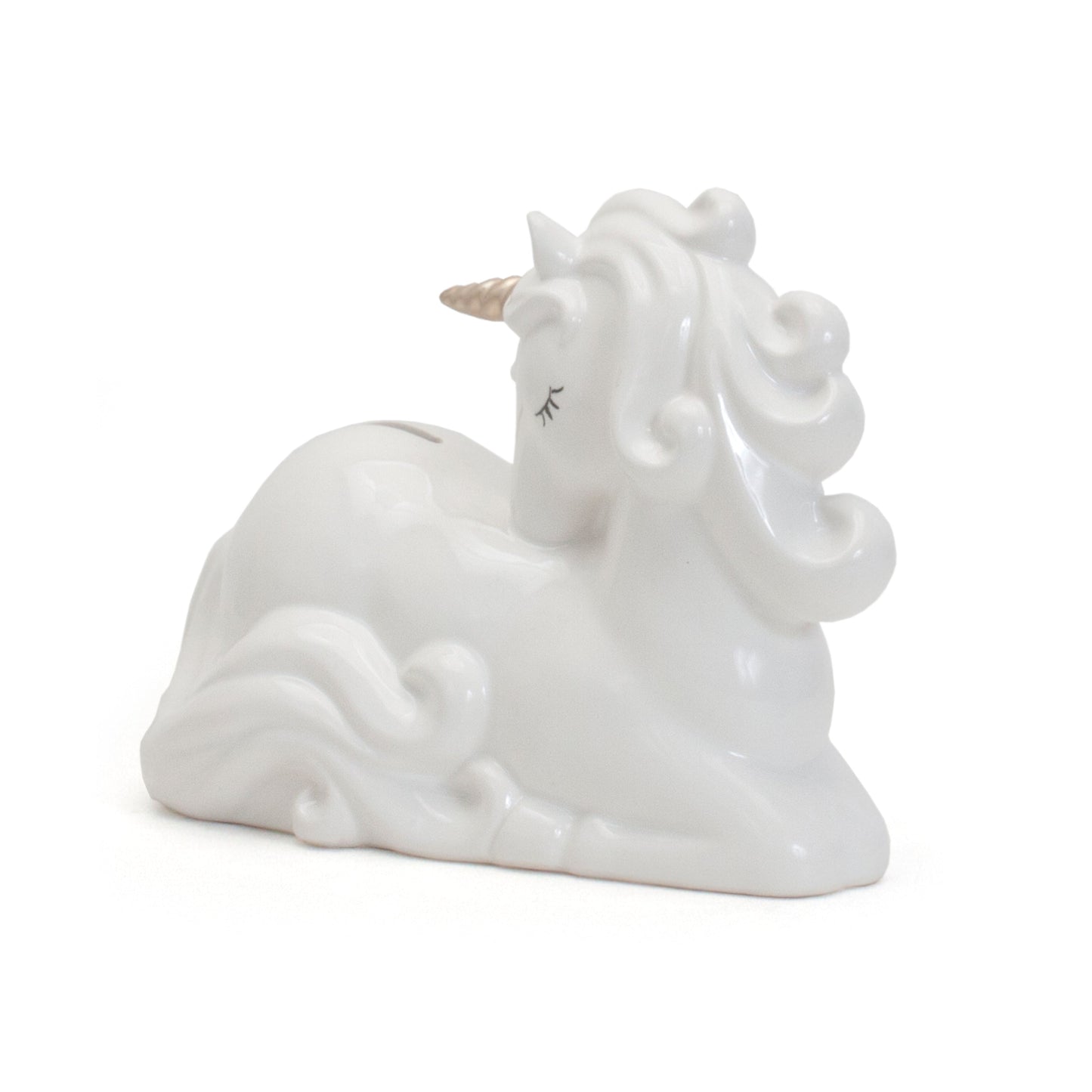 Angled side view of Charlie the Unicorn handpainted ceramic savings bank
