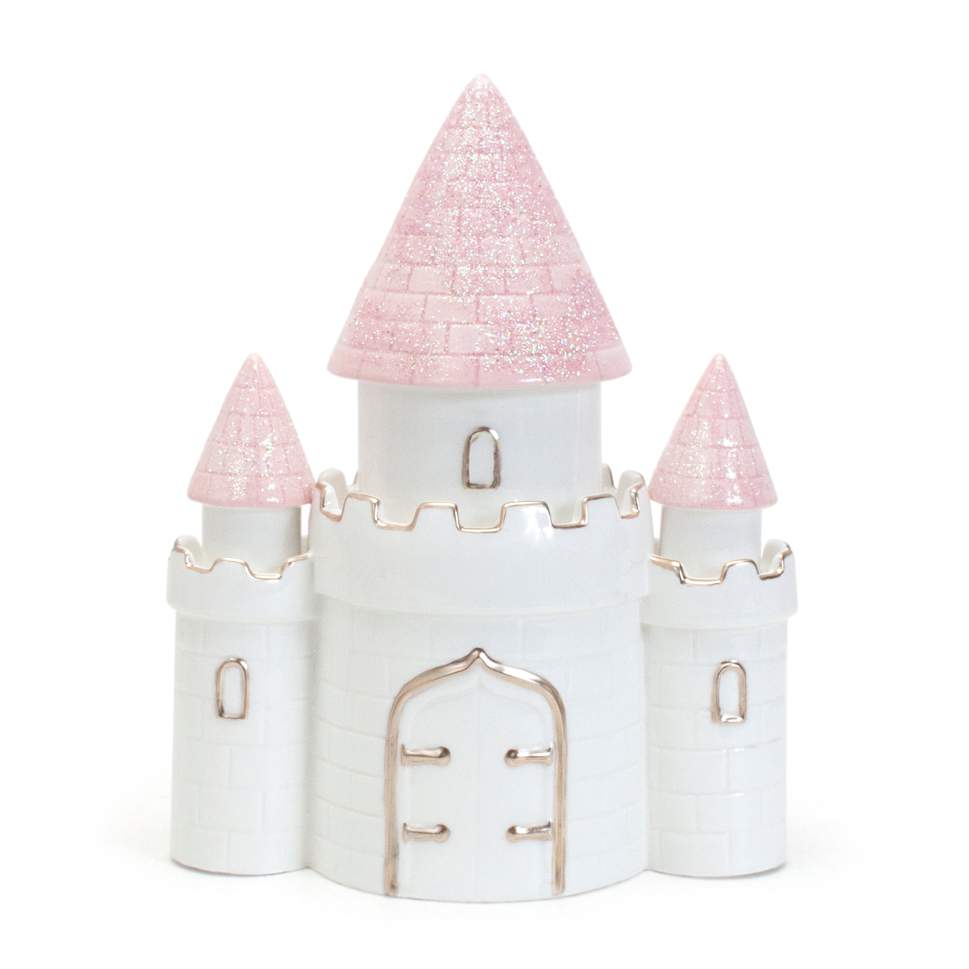 Front view of Dream Big Castle piggy bank with glittery pink turrets and gold accents