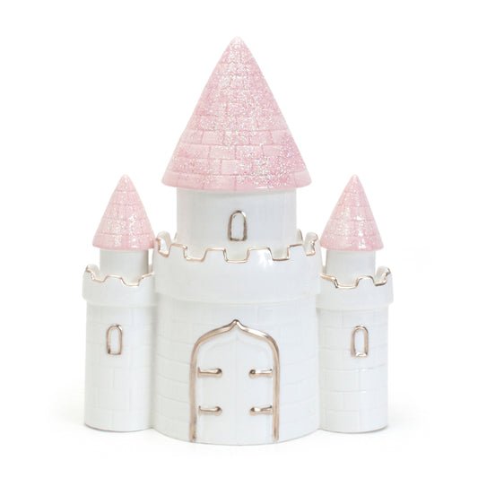 Front view of Dream Big Castle piggy bank with glittery pink turrets and gold accents