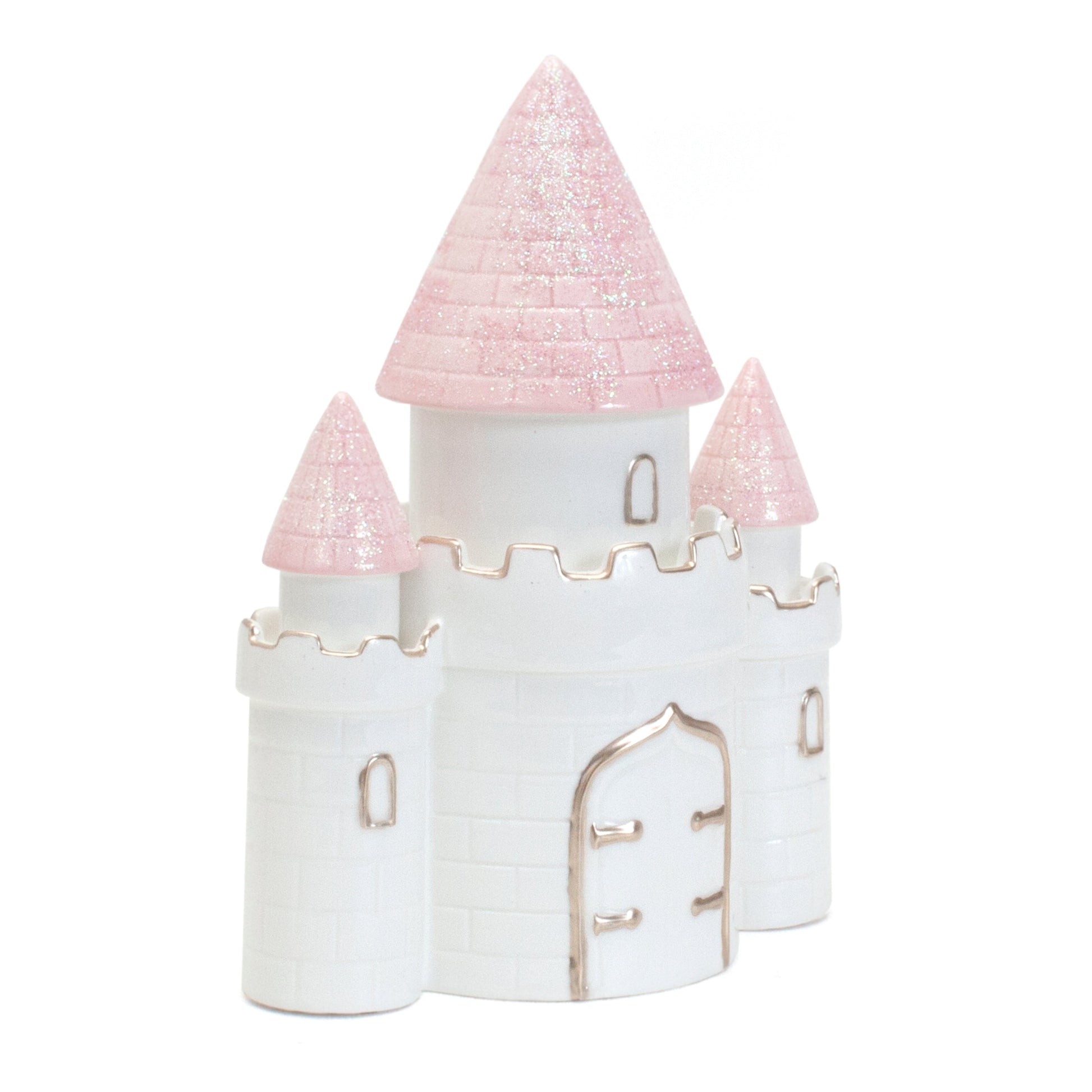 Side angle view of white ceramic castle bank showing glittery pink turrets and golden window details