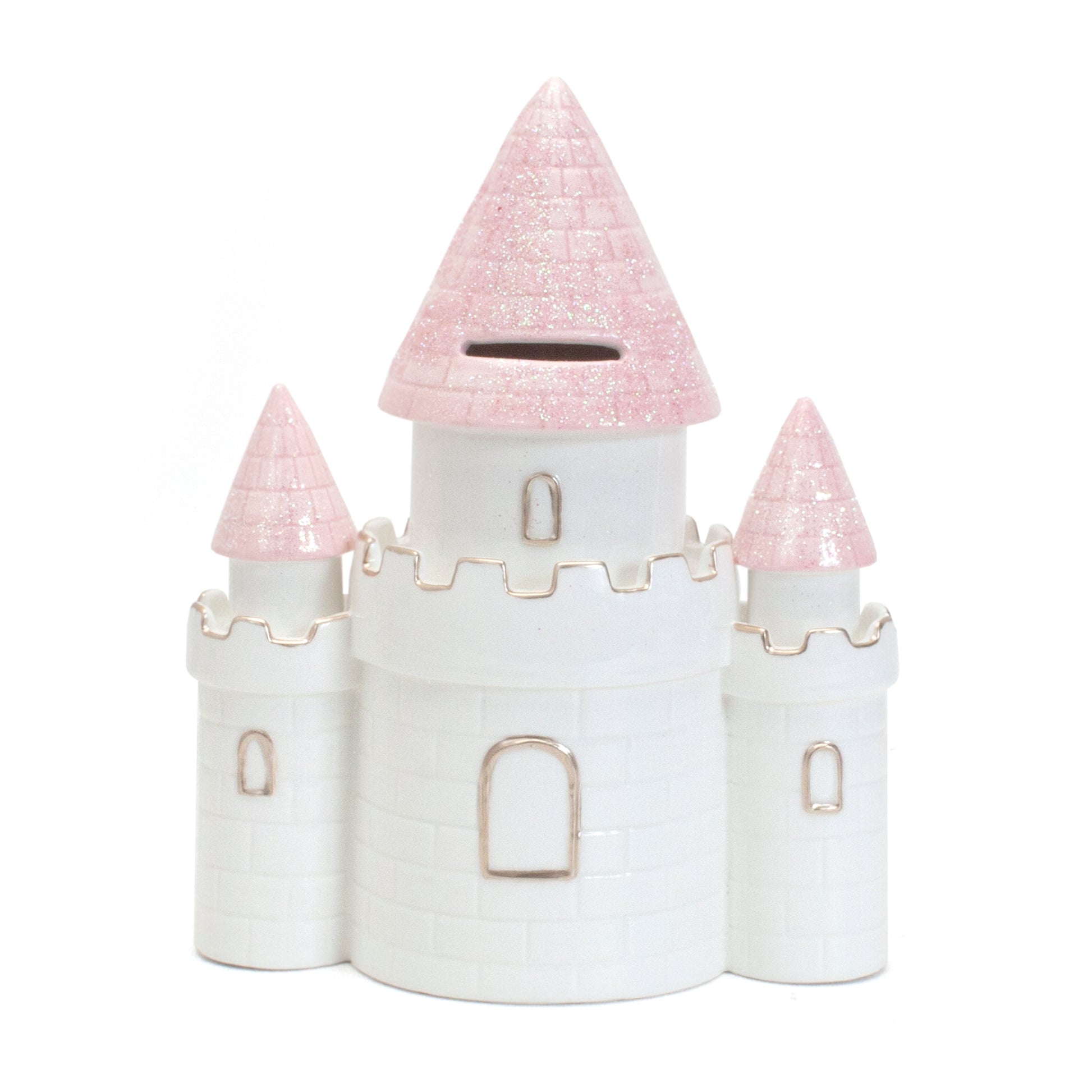 Back view of sparkly pink turret castle piggy bank with top coin slot visible