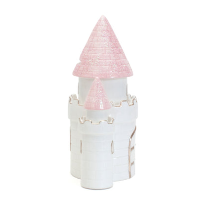 Another side view highlighting detailed brick pattern and gold trim on ceramic castle piggy bank