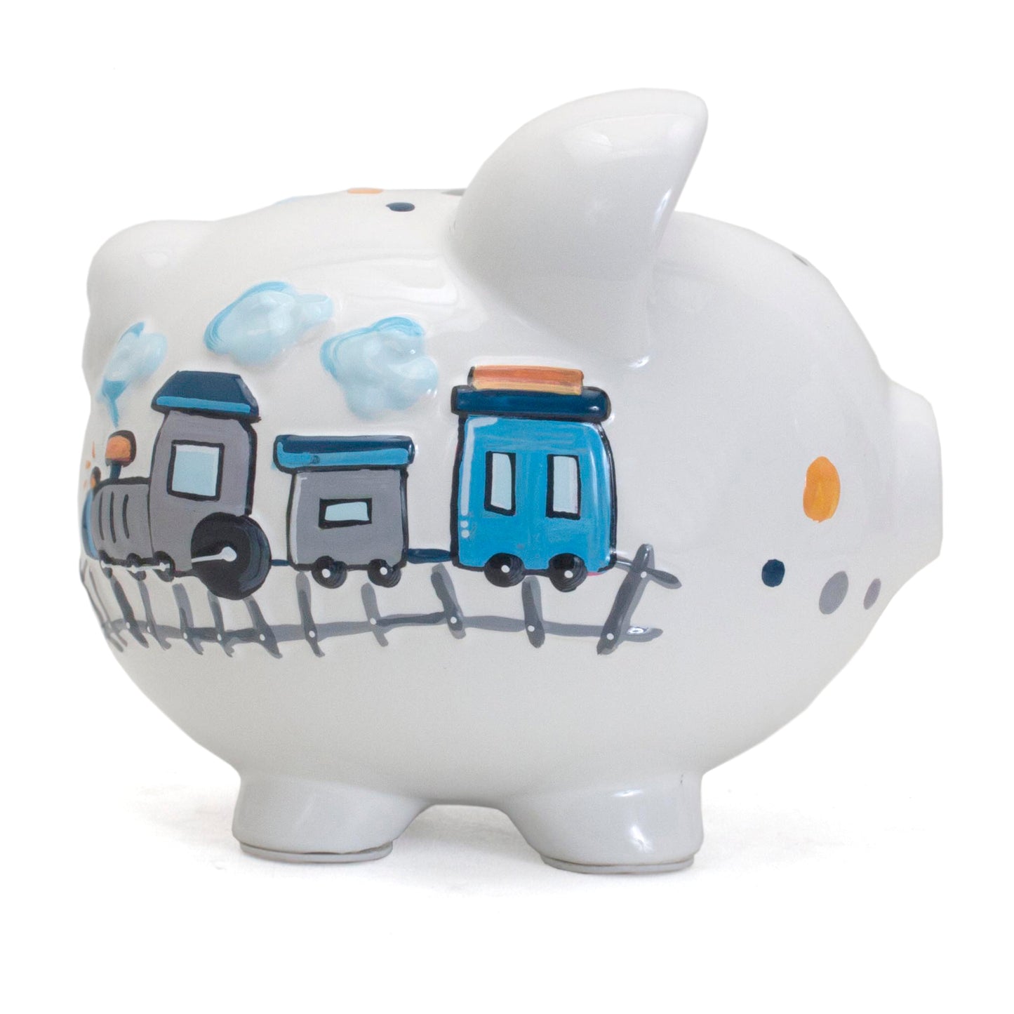 Side view of white ceramic piggy bank with handpainted blue and gray train and smoke clouds