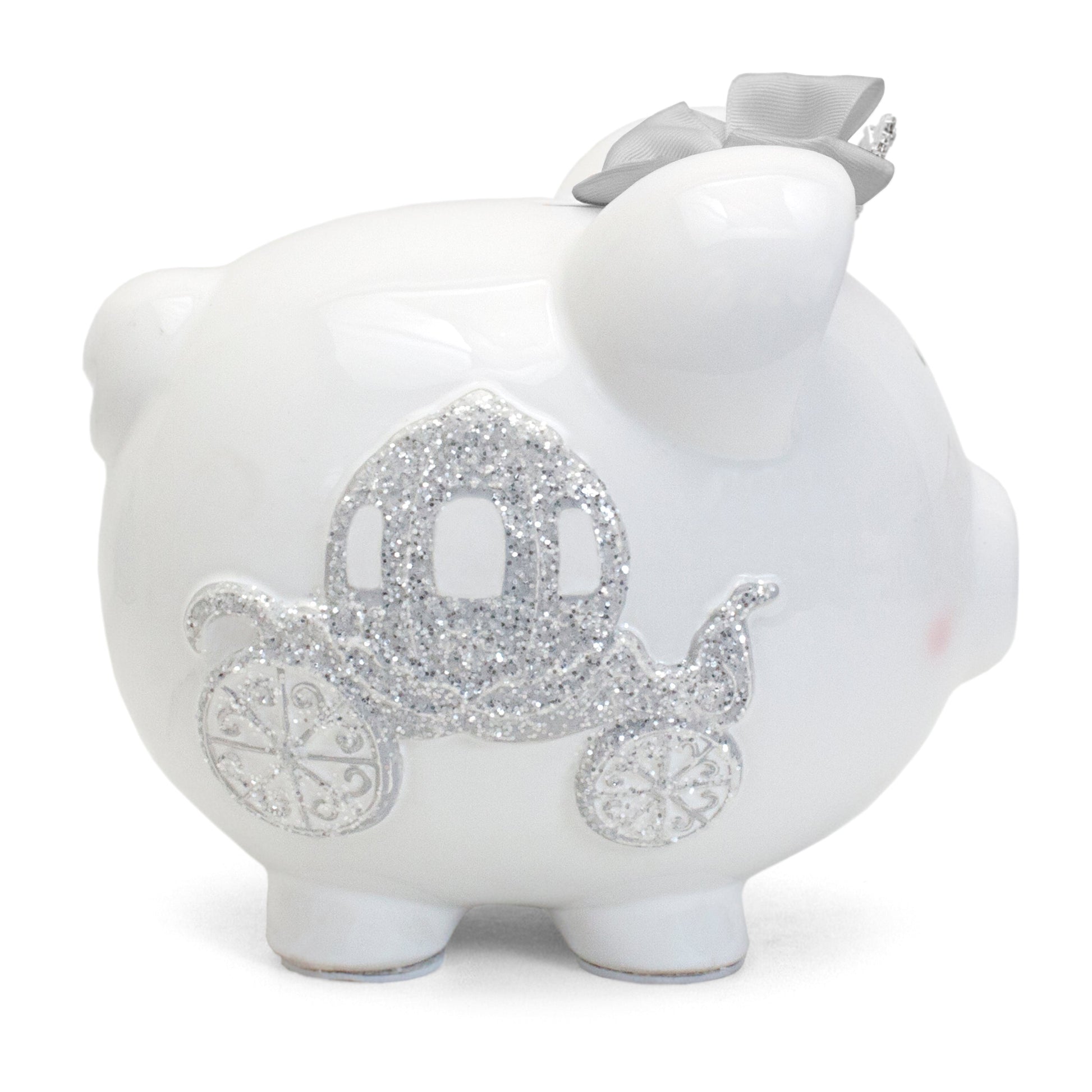 White ceramic Cinderella piggy bank with silver glitter carriage and silver bow detail
