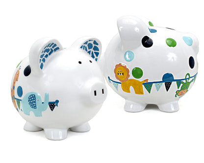 Front-side profile of handpainted piggy bank showing the snout and detailed ear patterns in blue