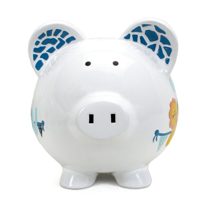 Side view of the piggy bank with illustrations of a smiling orange giraffe and blue elephant holding bunting flags