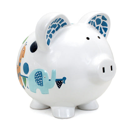 Side view of white ceramic piggy bank with handpainted circus animals including a blue elephant and orange giraffe