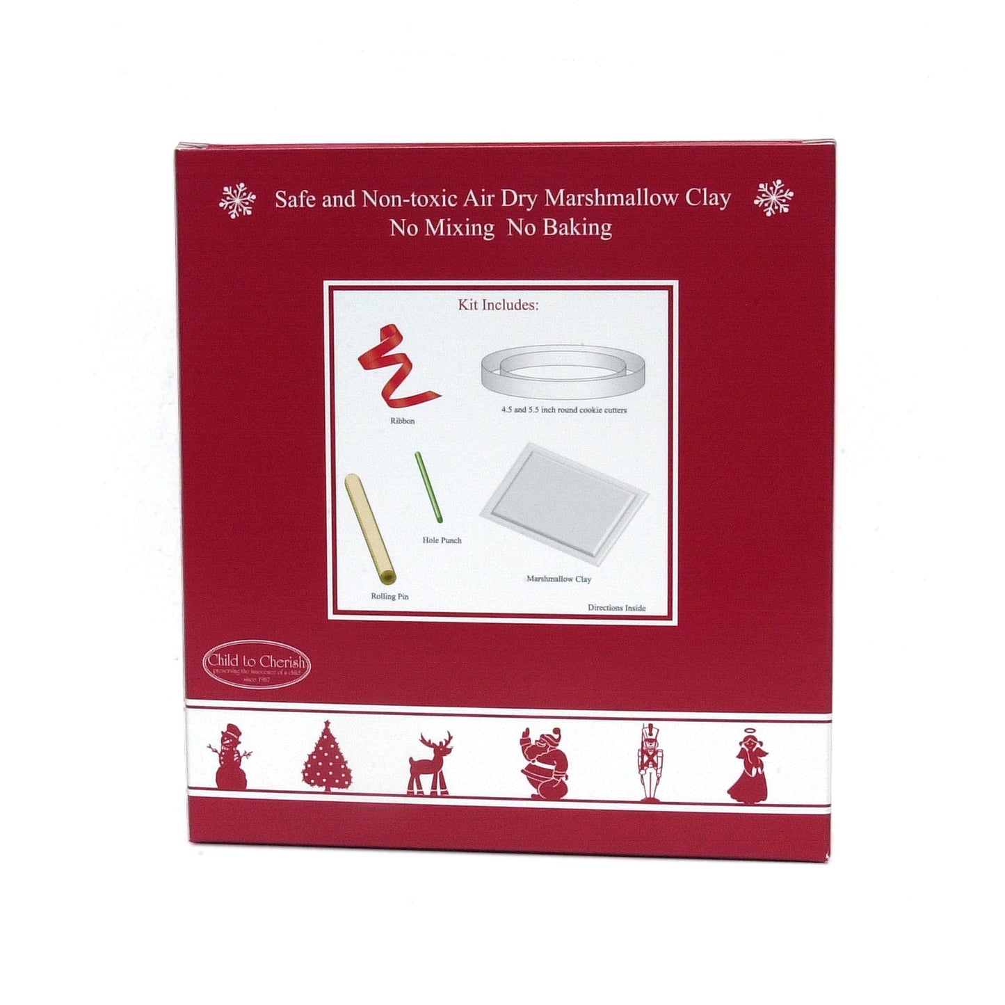 Back of the red box showing kit contents including ribbon, cookie cutters, rolling pin, hole punch, and marshmallow clay