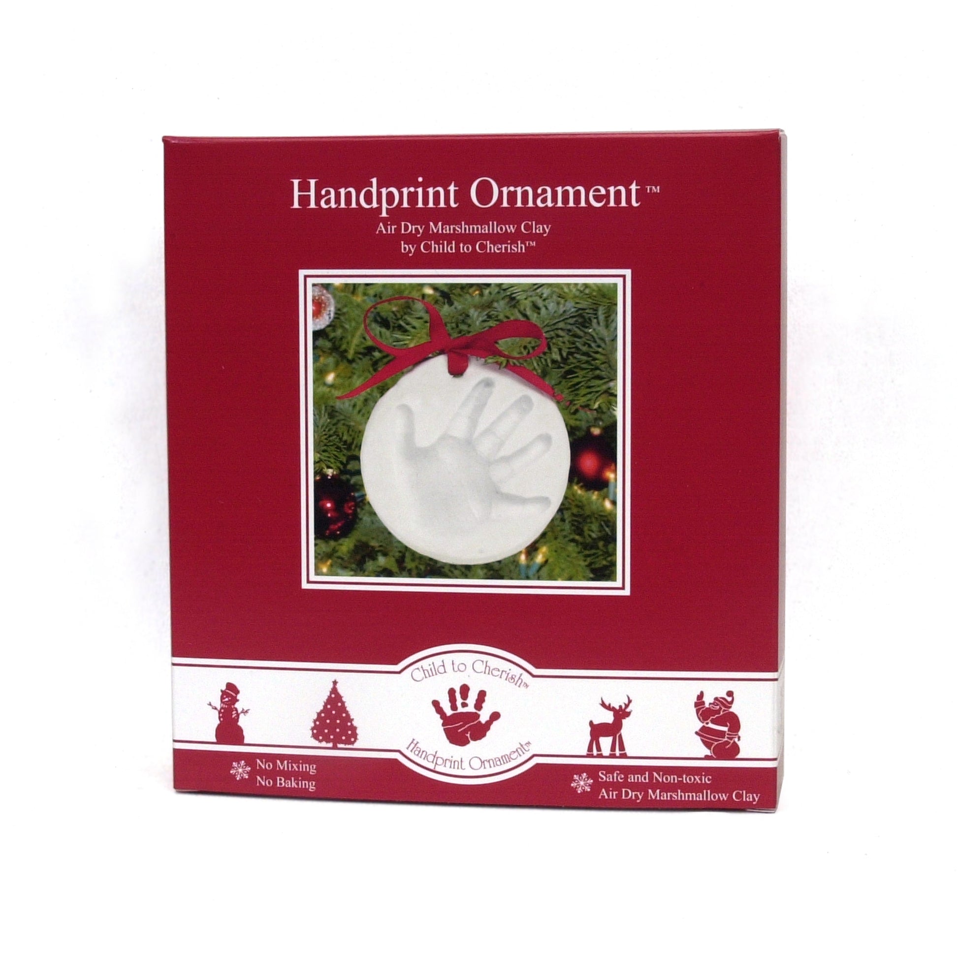 Red box packaging of Handprint Ornament Kit showing white round handprint clay ornament with red ribbon on Christmas tree