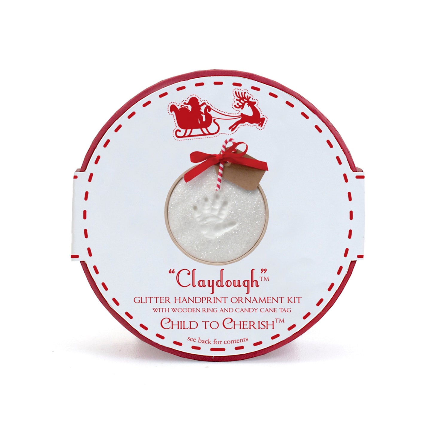 Claydough Handprint Ornament Kit packaging front showing white glitter handprint in wooden ring with red ribbon and candy cane tag