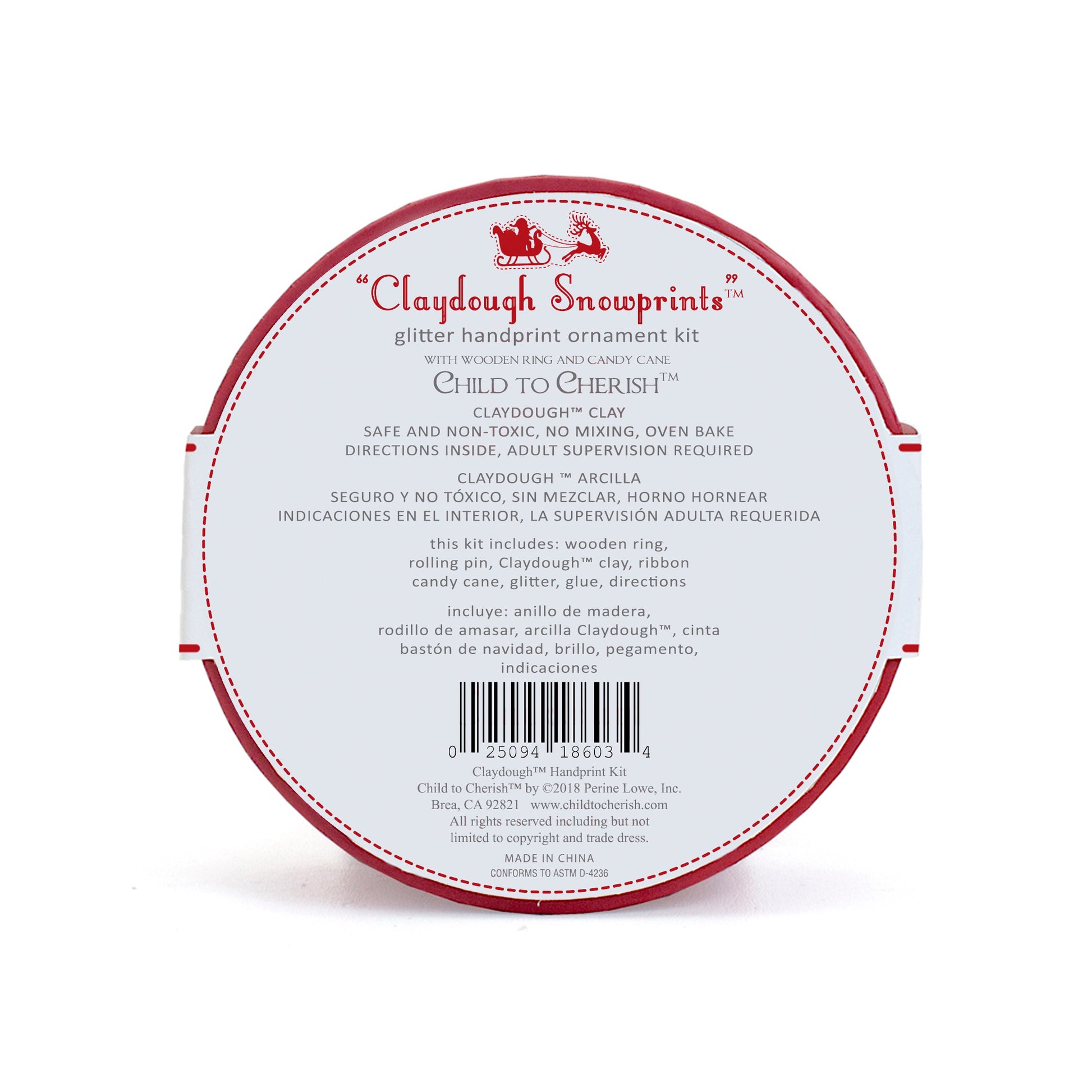 Claydough Handprint Ornament Kit packaging back with product details and contents in English and Spanish