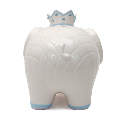 Rear view of white ceramic elephant piggy bank showing diamond pattern on back and blue accents