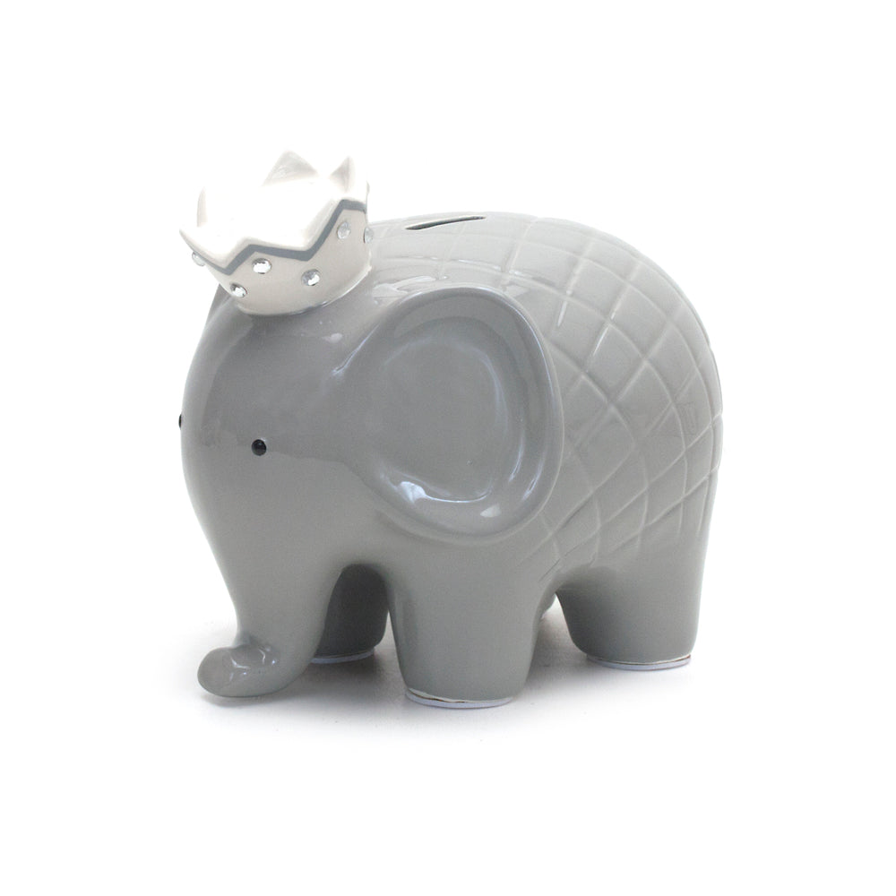 Gray elephant piggy bank angled front right with silver crown and coin slot on top