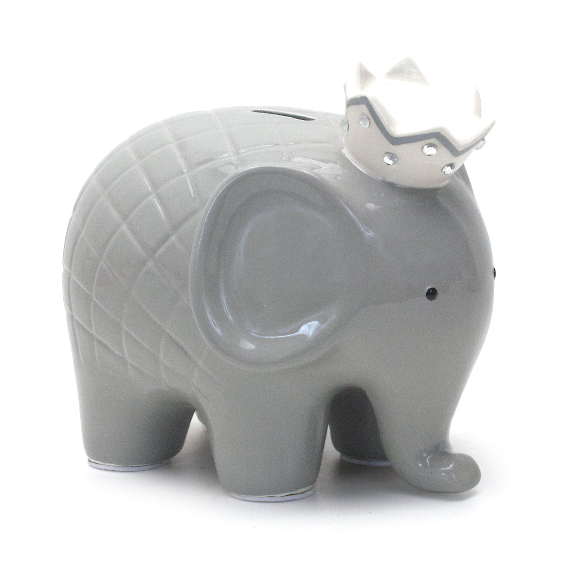 Back view of gray elephant piggy bank highlighting quilted pattern and tail