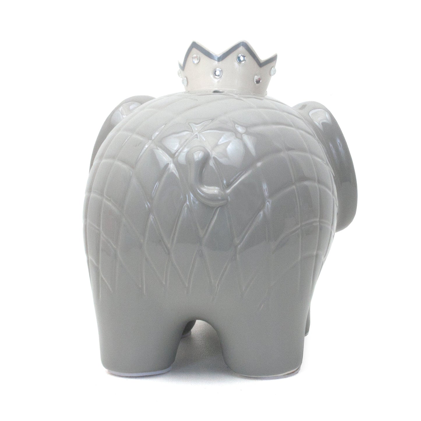 Front view of gray elephant piggy bank showing black eyes and silver crown details