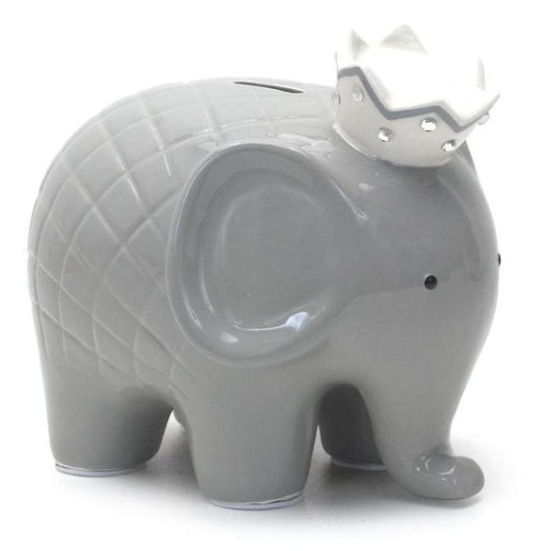 Gray ceramic elephant piggy bank angled showing front left with white crown and quilted pattern