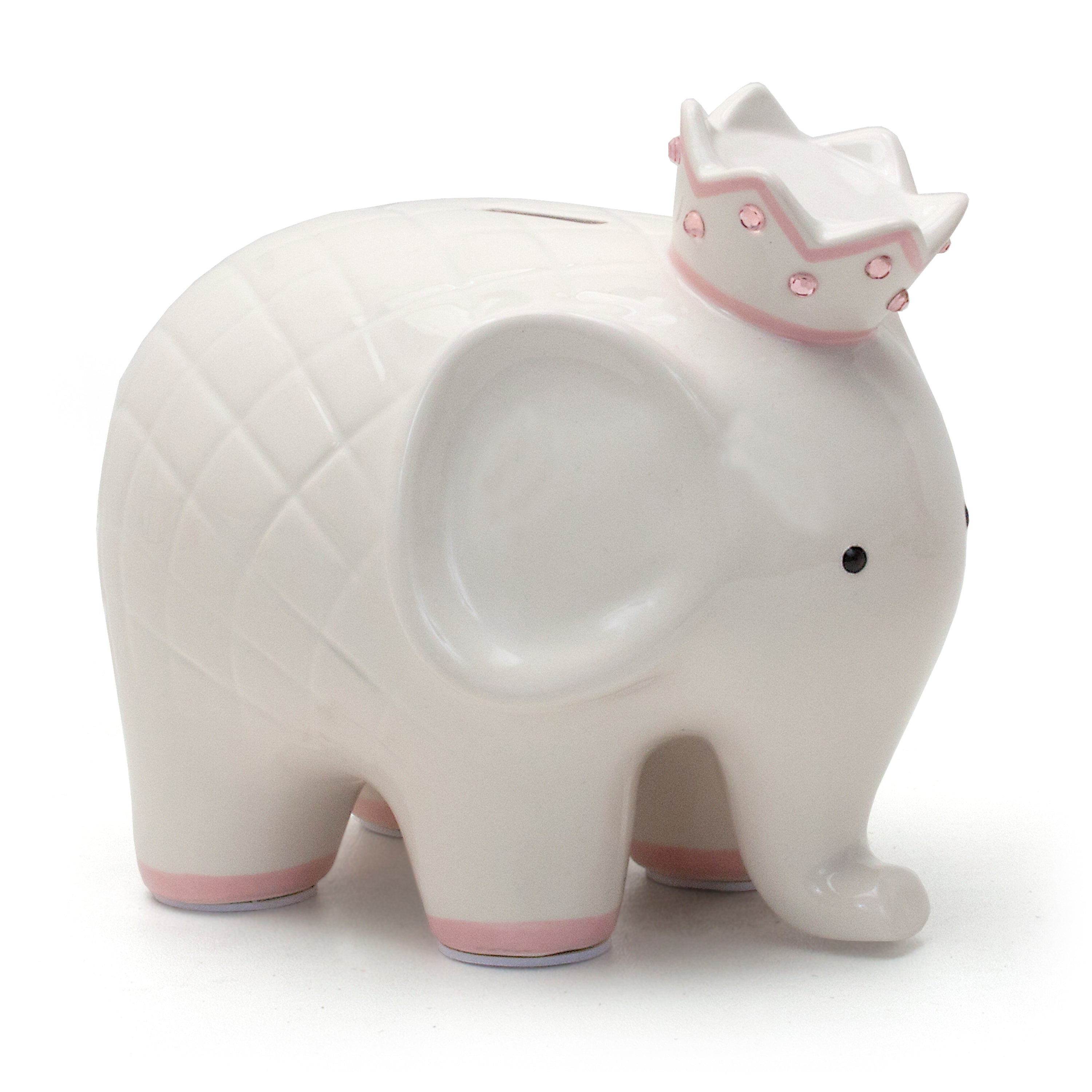 Side view of white ceramic elephant piggy bank with pink crown and pink accents on feet
