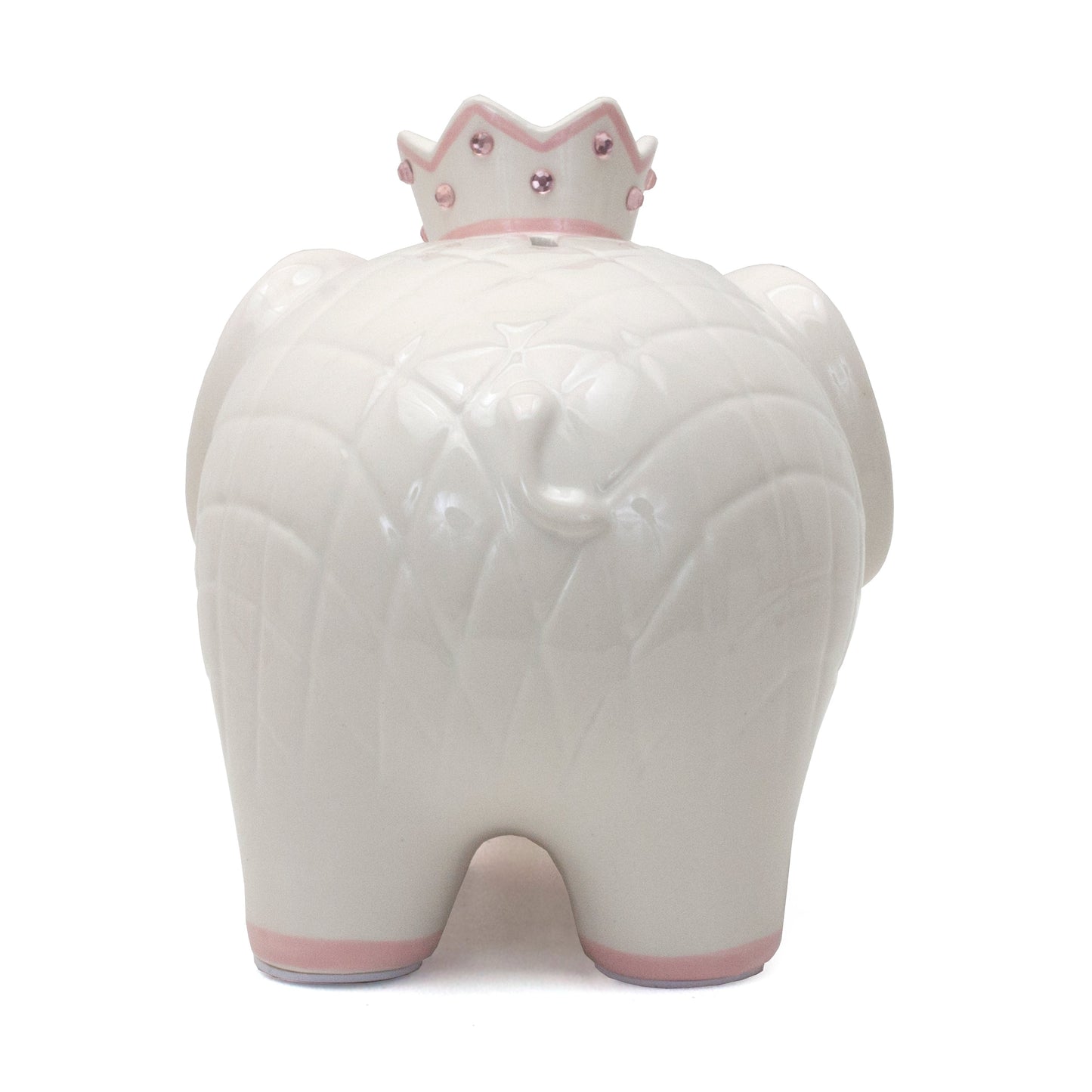 Rear view of white ceramic elephant piggy bank showing quilted texture and crown top coin slot