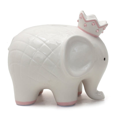 Angled side view of white ceramic elephant piggy bank highlighting quilted design and pink feet accents