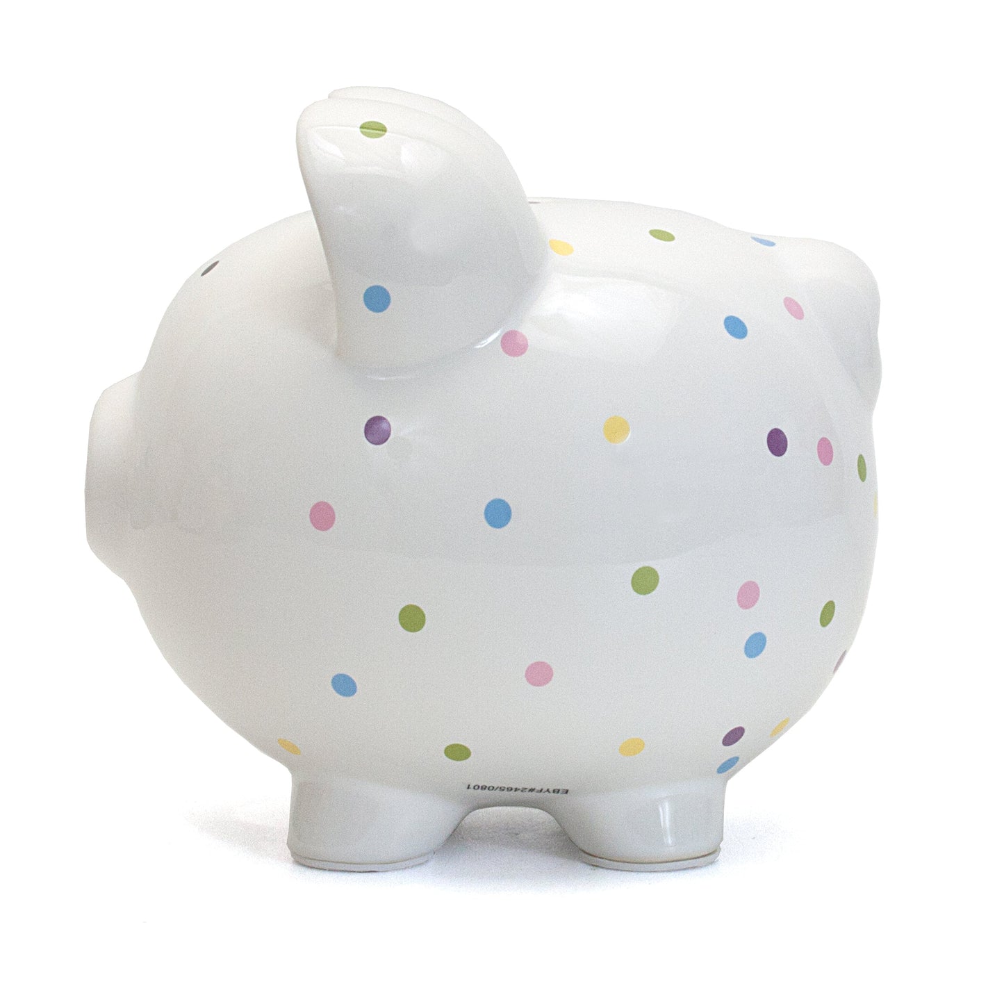 Back side view of handpainted confetti dot piggy bank
