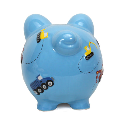 Back view of blue ceramic piggy bank displaying handpainted construction equipment
