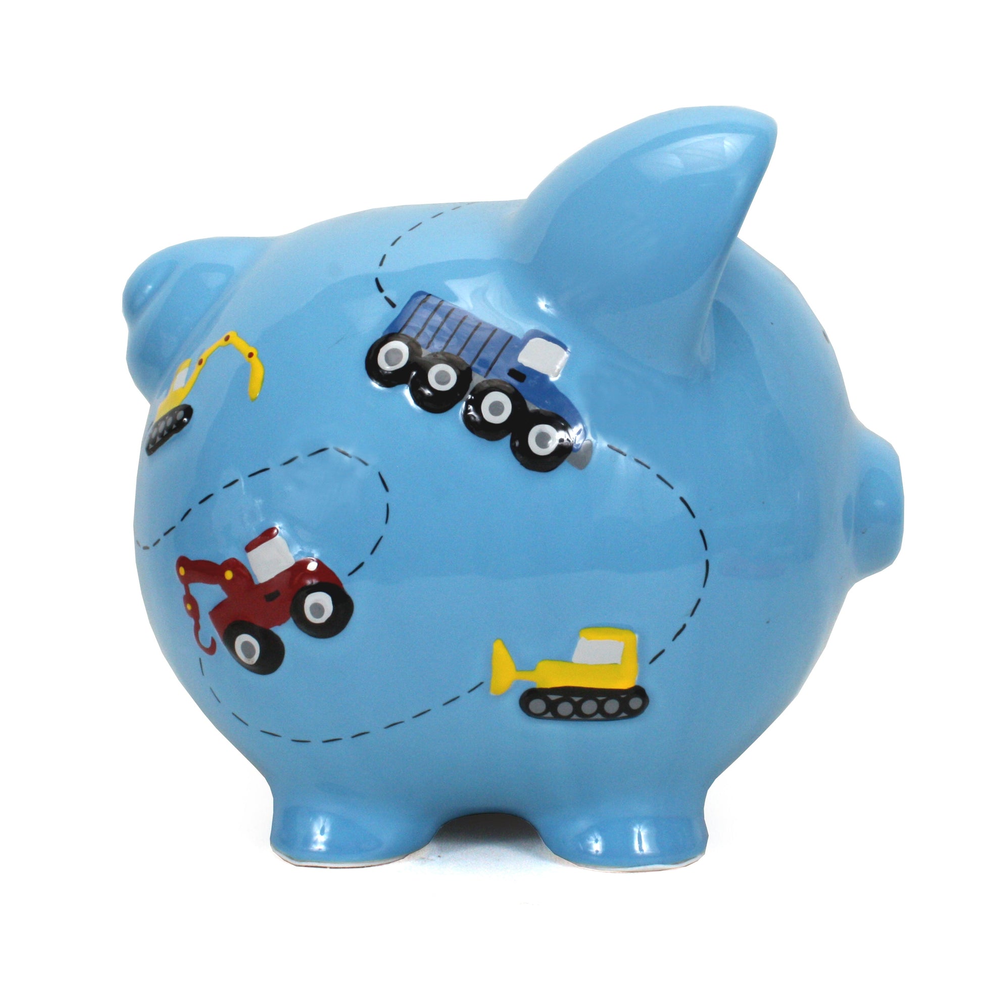 Opposite side view of blue ceramic piggy bank with colorful construction vehicle artwork