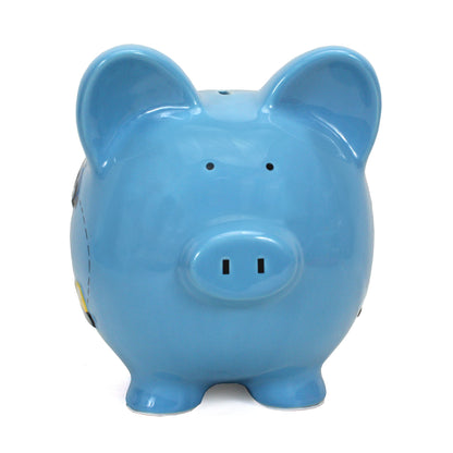 Front view of blue ceramic piggy bank showing facial features and coin slot