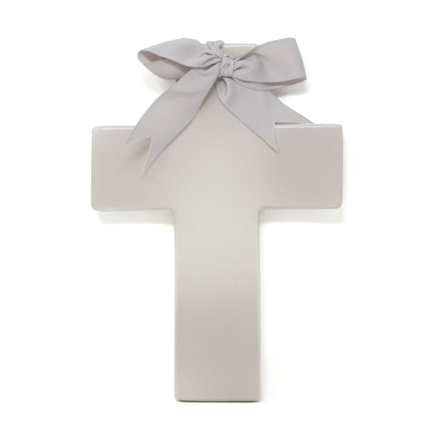 Gray Ombre ceramic cross with a gray ribbon bow for hanging, displayed on a white background