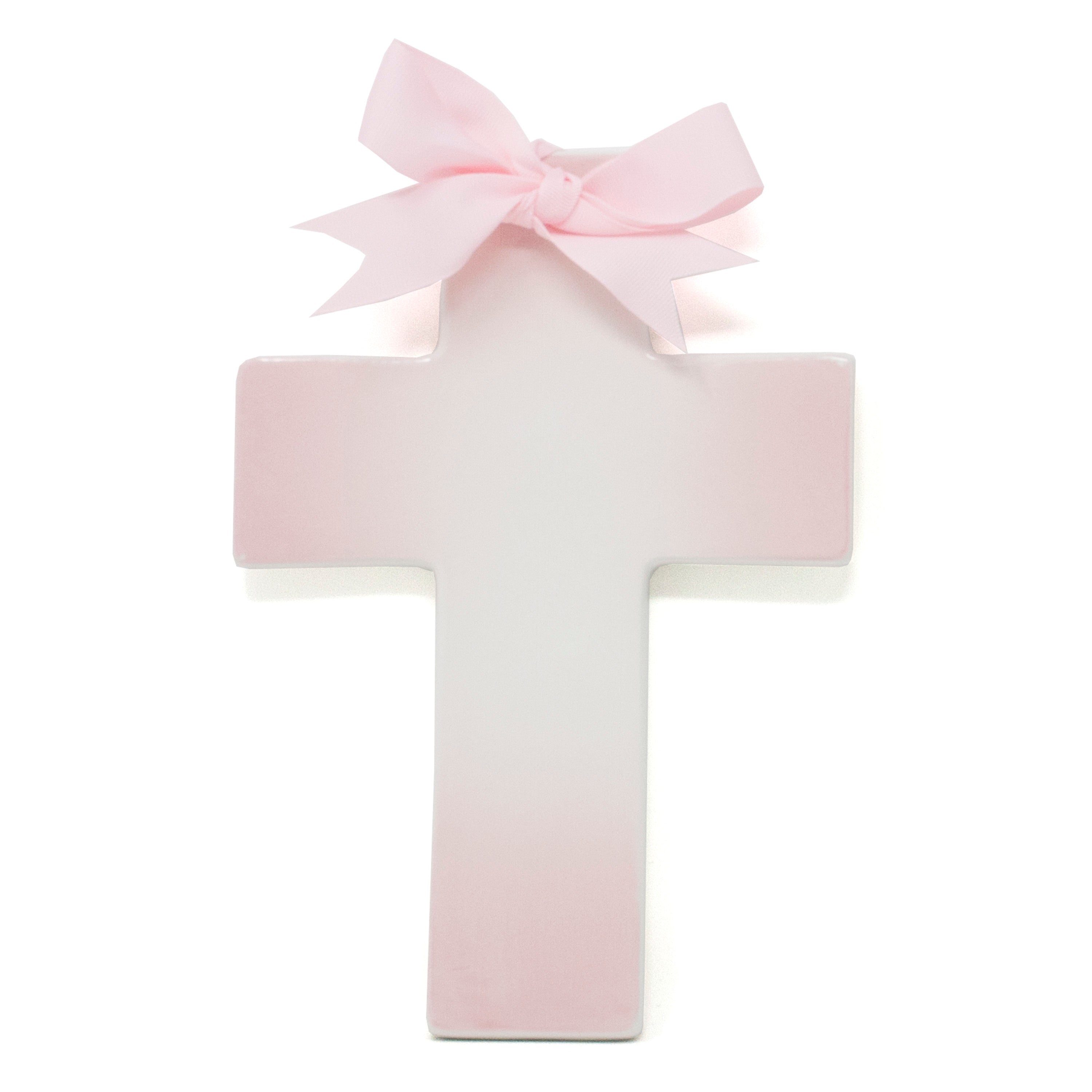 Handpainted ceramic cross with pink ombre finish and pink ribbon bow