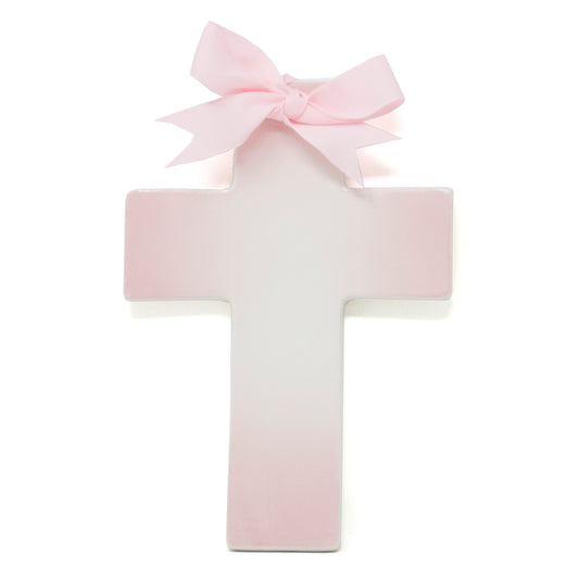 Handpainted ceramic cross with pink ombre finish and pink ribbon bow