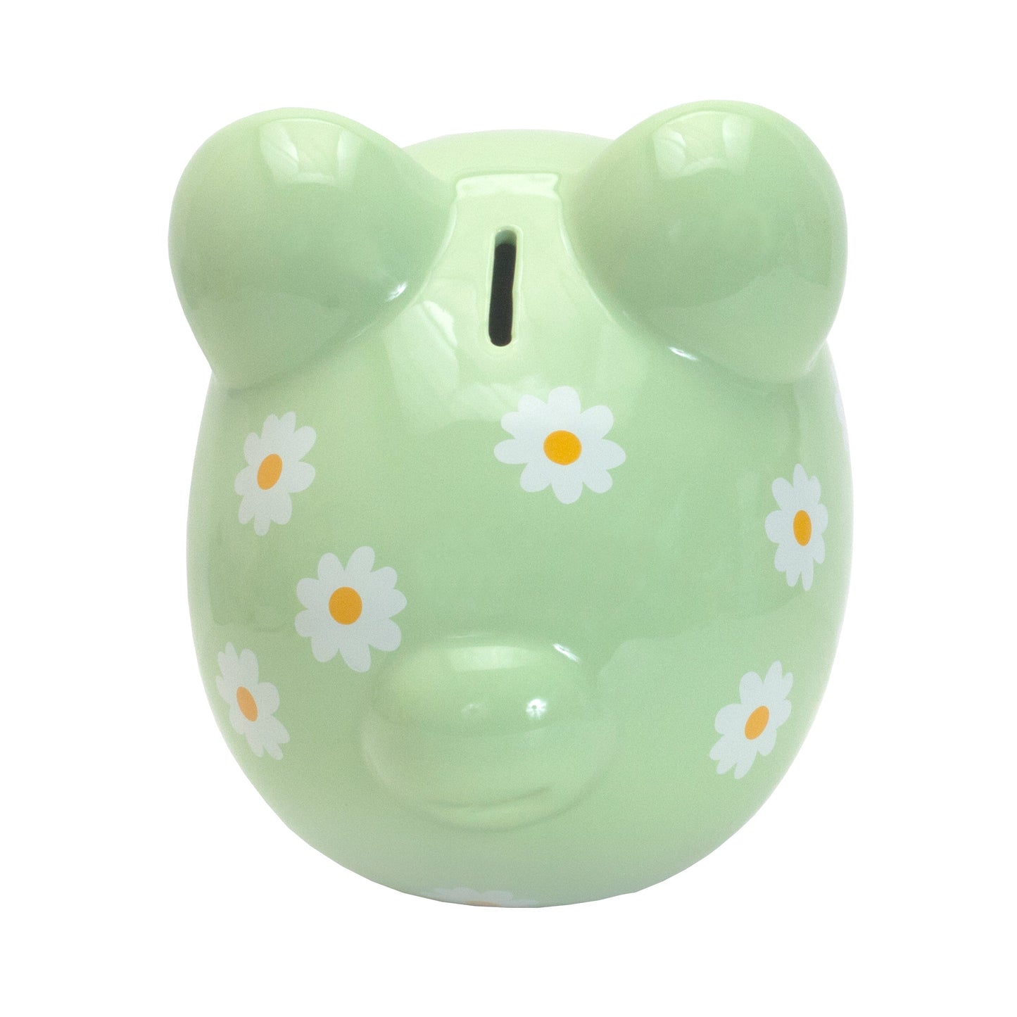 Top view of green ceramic piggy bank showing coin slot on head and daisy pattern
