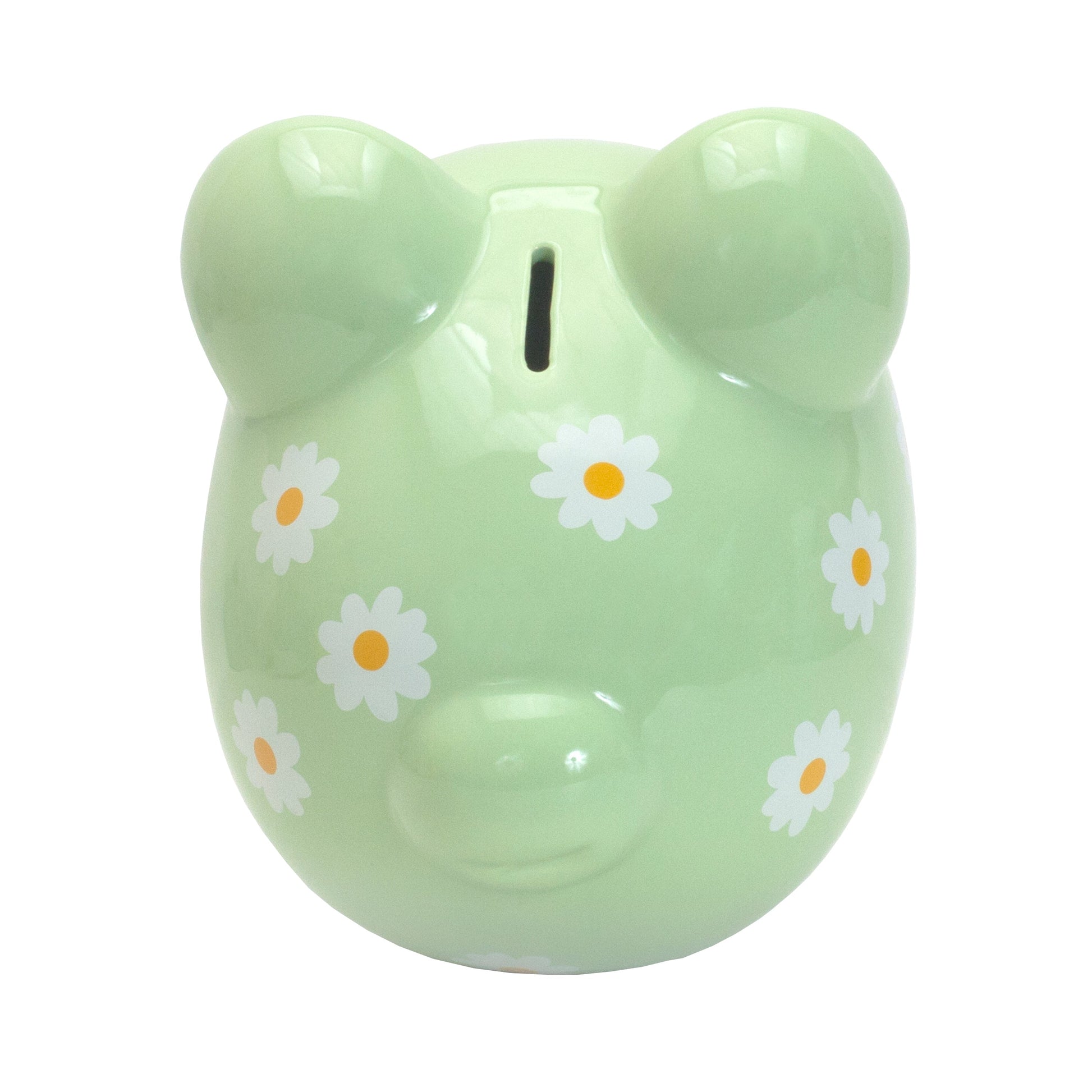 Top view of green ceramic piggy bank showing coin slot on head and daisy pattern
