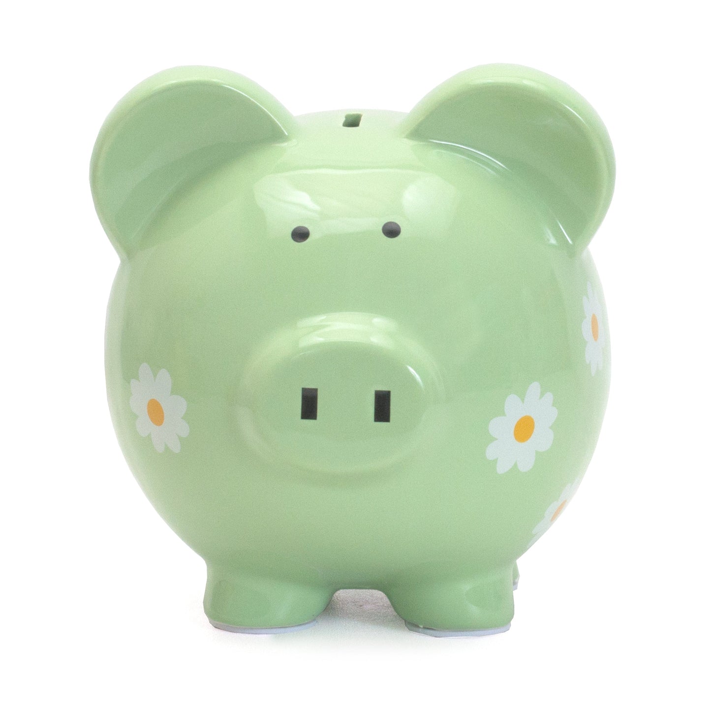 Back view of green piggy bank showing detailed daisy designs and sturdy feet