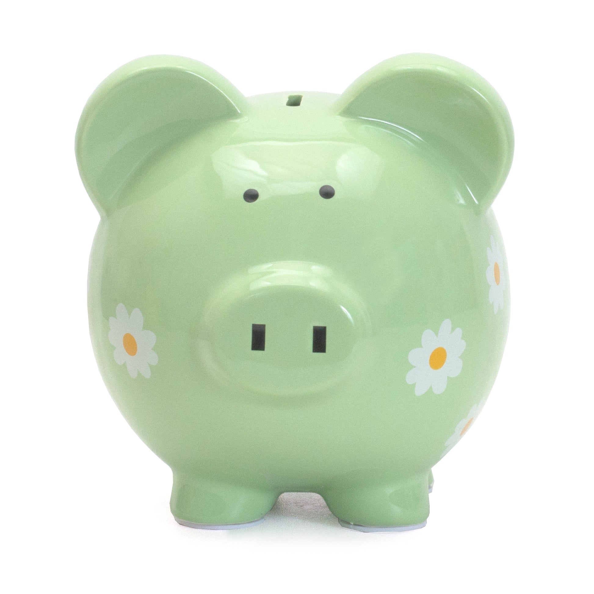 Back view of green piggy bank showing detailed daisy designs and sturdy feet