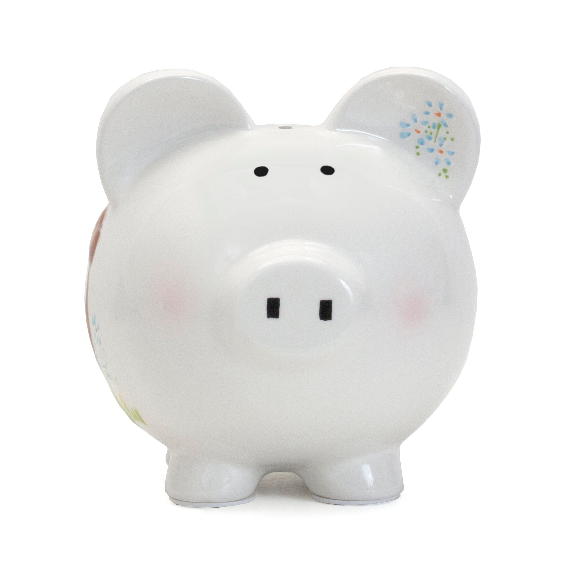 Front view of piggy bank with coin slot on top and subtle pink blush on cheeks