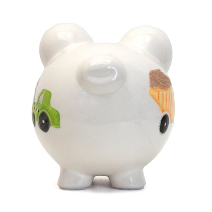 Rear view of Digger Dump Truck Piggy Bank showing bank slot and green digger design with orange traffic cone