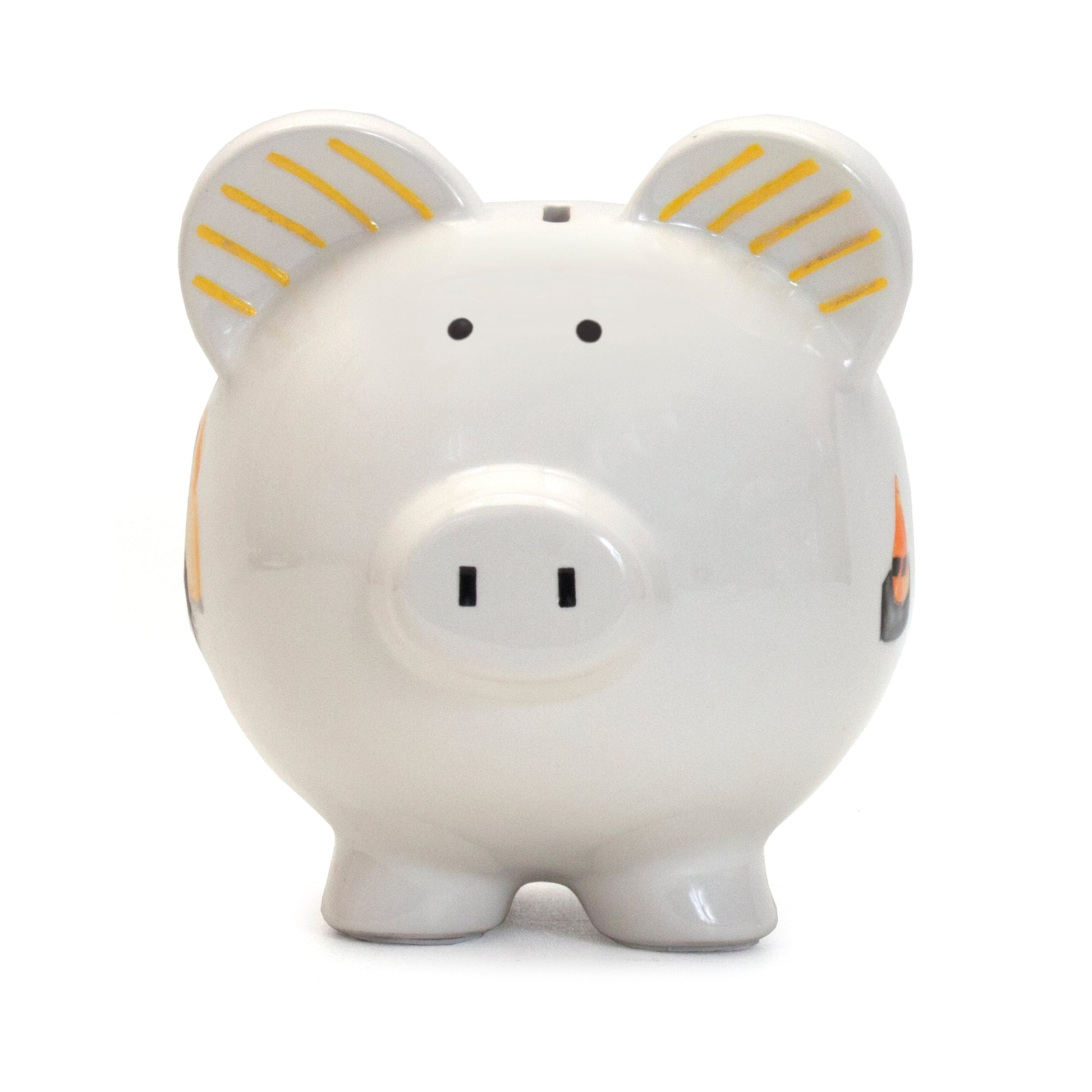 Front view of white ceramic piggy bank with yellow ear stripes and simple black eyes and snout holes