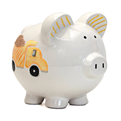 Digger Dump Truck Piggy Bank side view with yellow dump truck and textured sand load