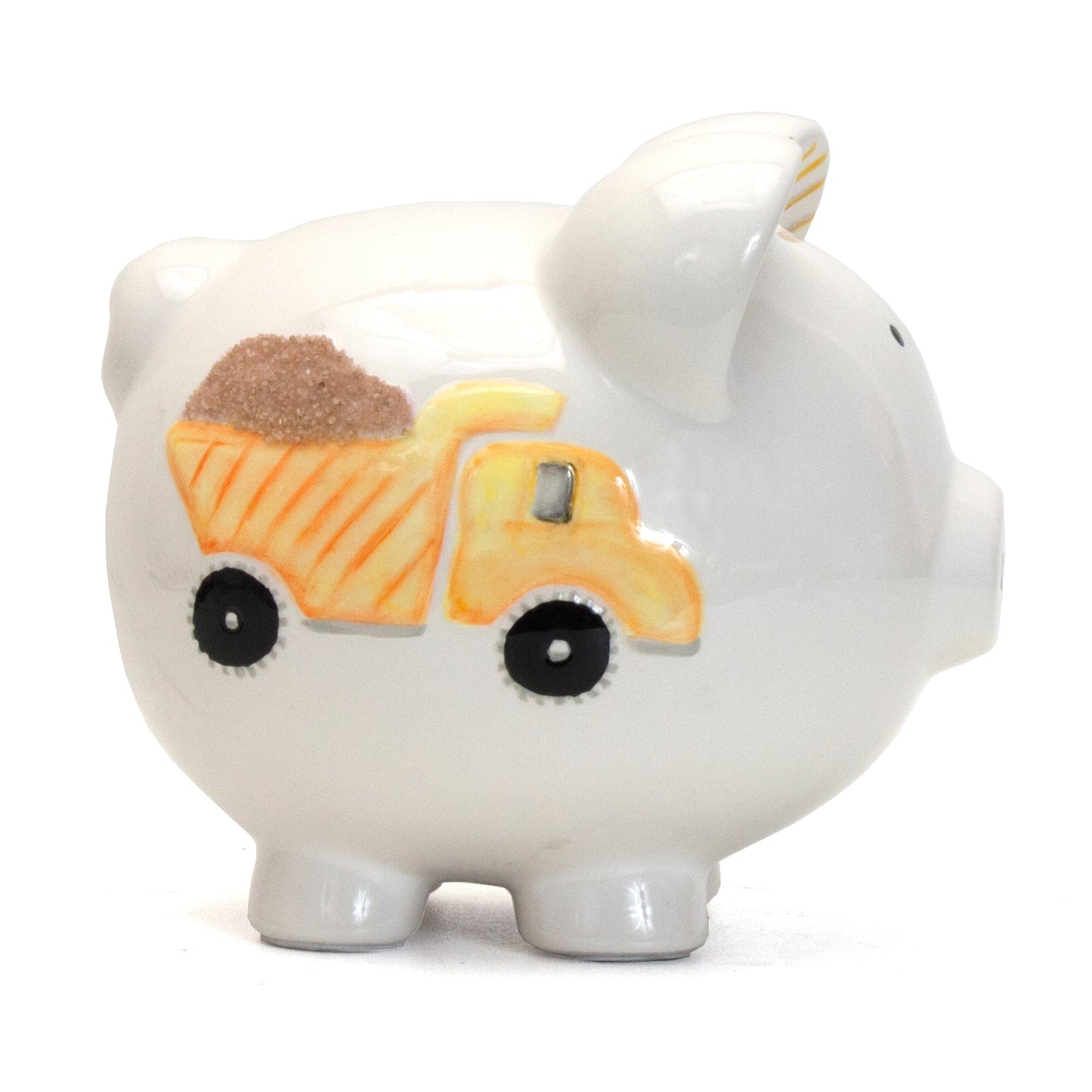 Left side view showing a yellow dump truck carrying sand on a white glossy ceramic piggy bank