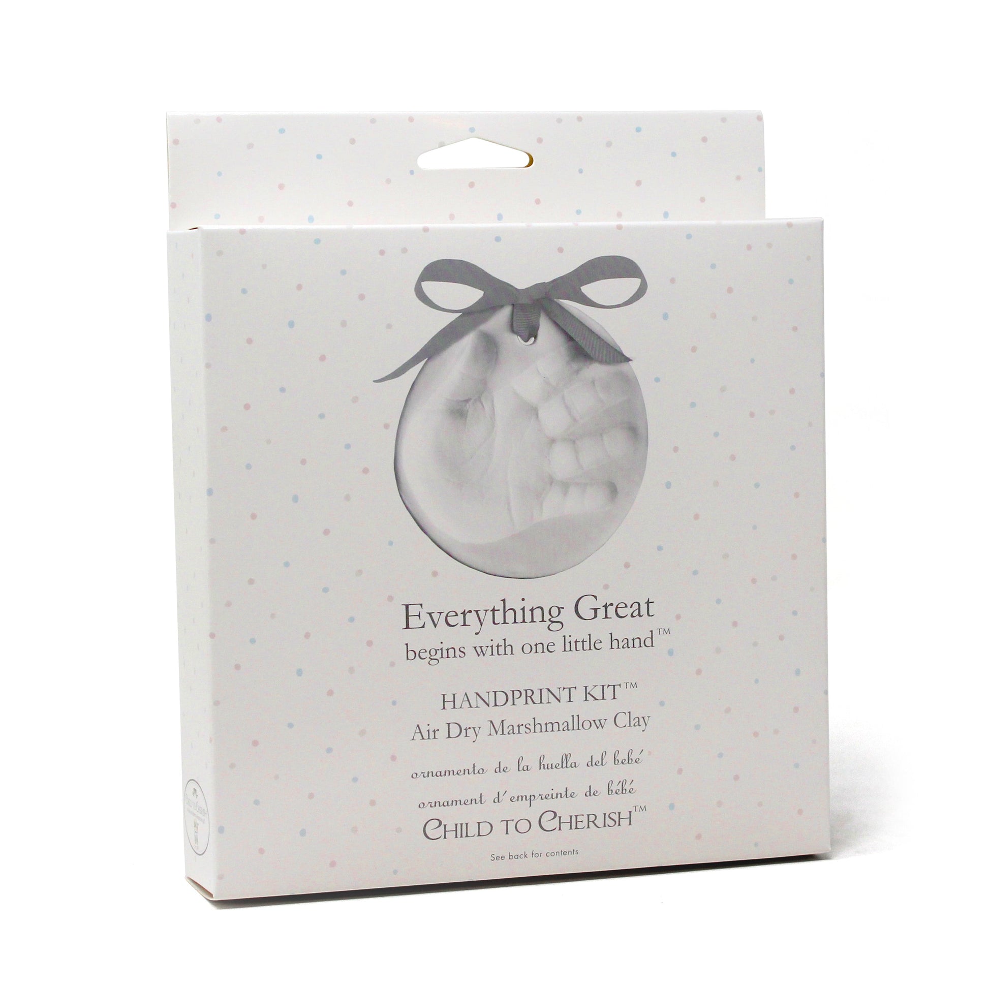 Angled side view of Everything Great Air Dry Marshmallow Clay Handprint Kit packaging with pastel polka dots