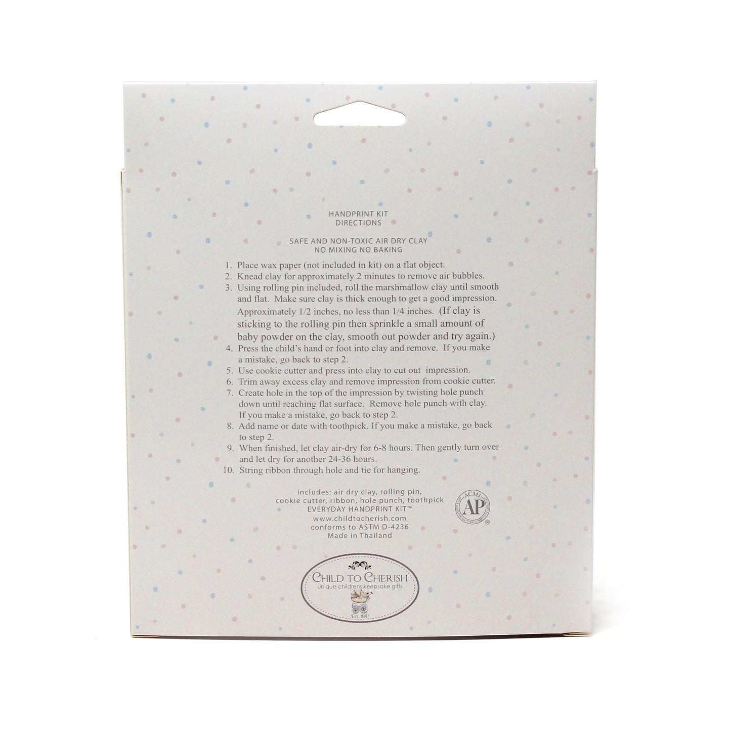 Back of Air Dry Marshmallow Clay Handprint Kit packaging featuring instructions and product details