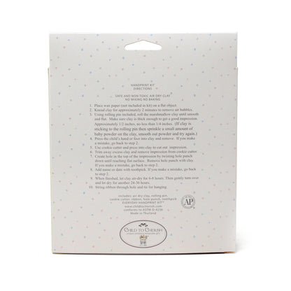 Back of Air Dry Marshmallow Clay Handprint Kit packaging featuring instructions and product details