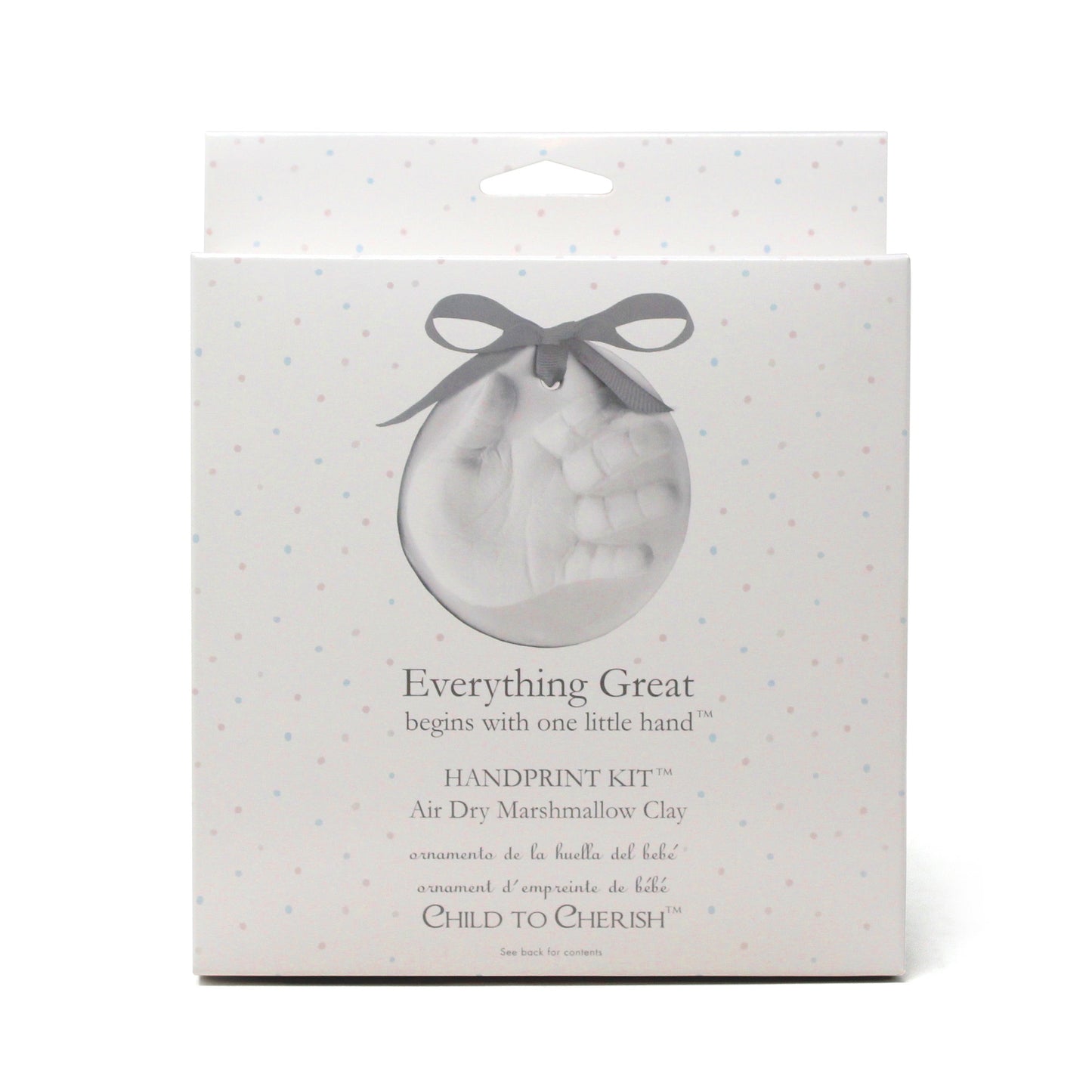Front of Everything Great Air Dry Marshmallow Clay Handprint Kit packaging with hand impression and gray ribbon